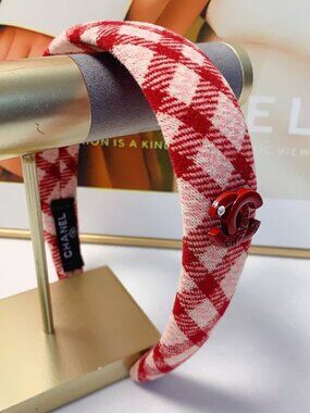 CHANEL Red and Cream Plaid Padded Headband with Camellia Charm